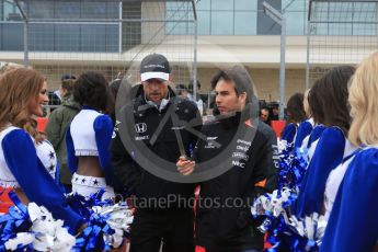 World © Octane Photographic Ltd. McLaren Honda - Jenson Button and Sahara Force India – Sergio Perez. Sunday 25th October 2015, F1 USA Grand Prix - Drivers Parade. Austin, Texas - Circuit of the Americas (COTA). Digital Ref: 1465LB5D3490