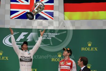 World © Octane Photographic Ltd. Mercedes AMG Petronas F1 W06 Hybrid – Lewis Hamilton. Sunday 25th October 2015, F1 USA Grand Prix Race - Podium, Austin, Texas - Circuit of the Americas (COTA). Digital Ref: 1467LB1D2737