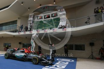 World © Octane Photographic Ltd. Mercedes AMG Petronas F1 W06 Hybrid – Lewis Hamilton. Sunday 25th October 2015, F1 USA Grand Prix Race - Parc Ferme, Austin, Texas - Circuit of the Americas (COTA). Digital Ref: 1467LB5D3647
