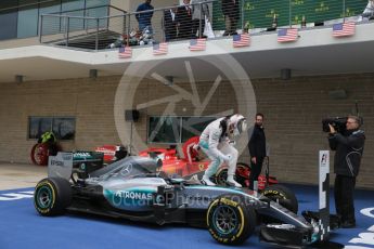 World © Octane Photographic Ltd. Mercedes AMG Petronas F1 W06 Hybrid – Lewis Hamilton. Sunday 25th October 2015, F1 USA Grand Prix Race - Parc Ferme, Austin, Texas - Circuit of the Americas (COTA). Digital Ref: 1467LB5D3651