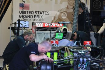 World © Octane Photographic Ltd. Lotus F1 Team E23 Hybrid – Romain Grosjean. Friday 23rd October 2015, F1 USA Grand Prix Pit lane , Austin, Texas - Circuit of the Americas (COTA). Digital Ref: 1459LB1D8652