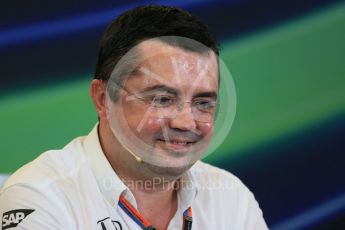 World © Octane Photographic Ltd. FIA Team Personnel Press Conference. Friday 23rd October 2015, F1 USA Grand Prix, Austin, Texas - Circuit of the Americas (COTA). McLaren Honda Racing Director – Eric Boullier Digital Ref: 1462LB1D9695