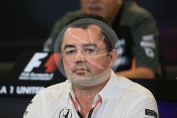 World © Octane Photographic Ltd. FIA Team Personnel Press Conference. Friday 23rd October 2015, F1 USA Grand Prix, Austin, Texas - Circuit of the Americas (COTA). McLaren Honda Racing Director – Eric Boullier Digital Ref: