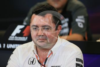 World © Octane Photographic Ltd. FIA Team Personnel Press Conference. Friday 23rd October 2015, F1 USA Grand Prix, Austin, Texas - Circuit of the Americas (COTA). McLaren Honda Racing Director – Eric Boullier Digital Ref: 1462LB1D9840