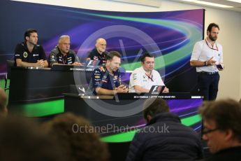 World © Octane Photographic Ltd. FIA Team Personnel Press Conference. Friday 23rd October 2015, F1 USA Grand Prix, Austin, Texas - Circuit of the Americas (COTA). McLaren Honda Racing Director – Eric Boullier, Lotus F1 Team CEO – Matthew Carter, Infiniti Red Bull Racing Team Principal – Christian Horner, Sahara Force India Team Principal – Vijay Mallya, Scuderia Toro Rosso – Franz Tost. Digital Ref: 1462LB5D3031