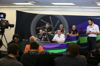 World © Octane Photographic Ltd. FIA Team Personnel Press Conference. Friday 23rd October 2015, F1 USA Grand Prix, Austin, Texas - Circuit of the Americas (COTA). McLaren Honda Racing Director – Eric Boullier, Lotus F1 Team CEO – Matthew Carter, Infiniti Red Bull Racing Team Principal – Christian Horner, Sahara Force India Team Principal – Vijay Mallya, Scuderia Toro Rosso – Franz Tost. Digital Ref: 1462LB5D3046