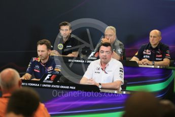 World © Octane Photographic Ltd. FIA Team Personnel Press Conference. Friday 23rd October 2015, F1 USA Grand Prix, Austin, Texas - Circuit of the Americas (COTA). McLaren Honda Racing Director – Eric Boullier, Lotus F1 Team CEO – Matthew Carter, Infiniti Red Bull Racing Team Principal – Christian Horner, Sahara Force India Team Principal – Vijay Mallya, Scuderia Toro Rosso – Franz Tost. Digital Ref: 1462LB5D3050