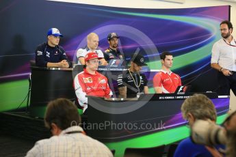 World © Octane Photographic Ltd. FIA Drivers’ Press Conference. Thursday 22nd October 2015, F1 USA Grand Prix, Austin, Texas - Circuit of the Americas (COTA). Williams Martini Racing – Valtteri Bottas, Sauber F1 Team – Marcus Ericsson, Mercedes AMG Petronas – Lewis Hamilton, Scuderia Ferrari – Kimi Raikkonen, Infiniti Red Bull Racing – Daniel Ricciardo and Manor Marussia F1 Team – Alexander Rossi. Digital Ref: 1458LB5D2632