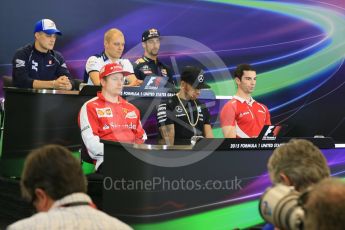 World © Octane Photographic Ltd. FIA Drivers’ Press Conference. Thursday 22nd October 2015, F1 USA Grand Prix, Austin, Texas - Circuit of the Americas (COTA). Williams Martini Racing – Valtteri Bottas, Sauber F1 Team – Marcus Ericsson, Mercedes AMG Petronas – Lewis Hamilton, Scuderia Ferrari – Kimi Raikkonen, Infiniti Red Bull Racing – Daniel Ricciardo and Manor Marussia F1 Team – Alexander Rossi. Digital Ref: 1458LB5D2637