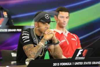 World © Octane Photographic Ltd. FIA Drivers’ Press Conference. Thursday 22nd October 2015, F1 USA Grand Prix, Austin, Texas - Circuit of the Americas (COTA). Mercedes AMG Petronas – Lewis Hamilton. Digital Ref: 1458LB5D2644