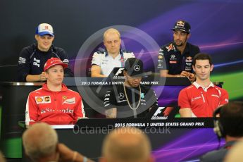 World © Octane Photographic Ltd. FIA Drivers’ Press Conference. Thursday 22nd October 2015, F1 USA Grand Prix, Austin, Texas - Circuit of the Americas (COTA). Williams Martini Racing – Valtteri Bottas, Sauber F1 Team – Marcus Ericsson, Mercedes AMG Petronas – Lewis Hamilton, Scuderia Ferrari – Kimi Raikkonen, Infiniti Red Bull Racing – Daniel Ricciardo and Manor Marussia F1 Team – Alexander Rossi. Digital Ref: 1458LB5D2652