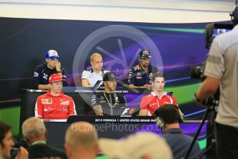 World © Octane Photographic Ltd. FIA Drivers’ Press Conference. Thursday 22nd October 2015, F1 USA Grand Prix, Austin, Texas - Circuit of the Americas (COTA). Williams Martini Racing – Valtteri Bottas, Sauber F1 Team – Marcus Ericsson, Mercedes AMG Petronas – Lewis Hamilton, Scuderia Ferrari – Kimi Raikkonen, Infiniti Red Bull Racing – Daniel Ricciardo and Manor Marussia F1 Team – Alexander Rossi. Digital Ref: 1458LB5D2662