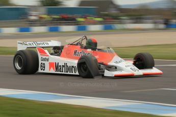 World © Octane Photographic Ltd. Saturday 2nd May 2015. Donington Historic Festival - Historic F1 Car demonstration laps. 1980 McLaren M29 (Ex John Watson and Alain Prost). Digital Ref : 1240CB1L5700