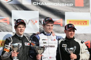 World © Octane Photographic Ltd. DUO BRDC Formula 4 Race 1 Podium, Oulton Park, UK, Saturday 4th April 2015. HHC Motorsport Will Palmer (1st), Harri Newey (2nd) and Hillspeed - Sebastian Lanzetti (3rd). Digital Ref : 1214LB1D3715