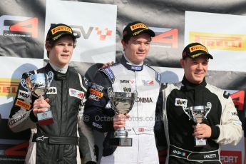 World © Octane Photographic Ltd. DUO BRDC Formula 4 Race 1 Podium, Oulton Park, UK, Saturday 4th April 2015. HHC Motorsport Will Palmer (1st), Harri Newey (2nd) and Hillspeed - Sebastian Lanzetti (3rd). Digital Ref : 1214LB1D3727