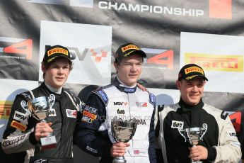 World © Octane Photographic Ltd. DUO BRDC Formula 4 Race 1 Podium, Oulton Park, UK, Saturday 4th April 2015. HHC Motorsport Will Palmer (1st), Harri Newey (2nd) and Hillspeed - Sebastian Lanzetti (3rd). Digital Ref : 1214LB1D3733
