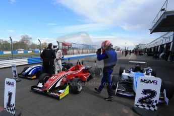 World © Octane Photographic Ltd. Saturday 25th April 2015, MSVR F3 Cup Race 1 parc ferme. Donington Park. Chris Dittmann Racing (CDR) – Kieran Vernon – Dallara F307 Mercedes HWA. Digital Ref: 1235LB1D4327