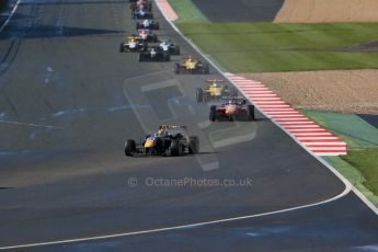 World © Octane Photographic Ltd. FIA European F3 Championship, Silverstone Race 1, UK, Saturday 11th April 2015. Carlin – Calum Ilott, Dallara F312 – Volkswagen and kfzteile24 Mucke Motorsport – Maximilian Gunther, Dallara F312 – Mercedes-Benz. Digital Ref : 1222LB1D7747