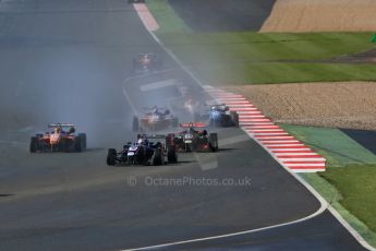 World © Octane Photographic Ltd. FIA European F3 Championship, Silverstone Race 1, UK, Saturday 11th April 2015. Carlin – George Russell, Dallara F312 – Volkswagen, Signature – Dorian Boccolacci, Dallara F312 – Volkswagen and kfzteile24 Mucke Motorsport – Mikkel Jensen, Dallara F312 – Mercedes-Benz. Digital Ref : 1222LB1D7878