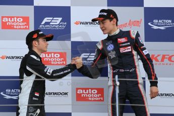 World © Octane Photographic Ltd. FIA European F3 Championship, Silverstone Race 2 overall podium, UK, Saturday 11th April 2015. Carlin – George Russell, Dallara F312 – Volkswagen and Van Amersfoort Racing – Charles Leclerc, Dallara F312 – Volkswagen. Digital Ref : 1223LW1L0582