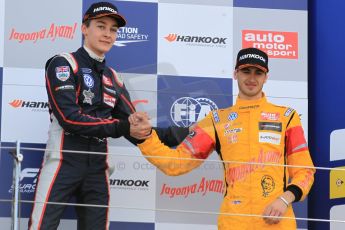 World © Octane Photographic Ltd. FIA European F3 Championship, Silverstone Race 2 overall podium, UK, Saturday 11th April 2015. Carlin – George Russell, Dallara F312 – Volkswagen and Jagonya Ayam with Carlin – Antonia Giovinazzi, Dallara F312 – Volkswagen. Digital Ref : 1223LW1L0591