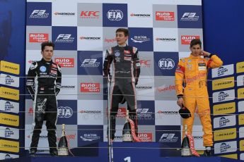 World © Octane Photographic Ltd. FIA European F3 Championship, Silverstone Race 2 overall podium, UK, Saturday 11th April 2015. Carlin – George Russell, Dallara F312 – Volkswagen, Van Amersfoort Racing – Charles Leclerc, Dallara F312 – Volkswagen and Jagonya Ayam with Carlin – Antonia Giovinazzi, Dallara F312 – Volkswagen. Digital Ref : 1223LW1L0599