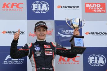 World © Octane Photographic Ltd. FIA European F3 Championship, Silverstone Race 2 overall podium, UK, Saturday 11th April 2015. Carlin – George Russell, Dallara F312 – Volkswagen. Digital Ref : 1223LW1L0628