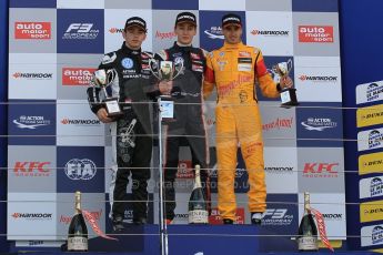 World © Octane Photographic Ltd. FIA European F3 Championship, Silverstone Race 2 overall podium, UK, Saturday 11th April 2015. Carlin – George Russell, Dallara F312 – Volkswagen, Van Amersfoort Racing – Charles Leclerc, Dallara F312 – Volkswagen and Jagonya Ayam with Carlin – Antonia Giovinazzi, Dallara F312 – Volkswagen. Digital Ref : 1223LW1L0666