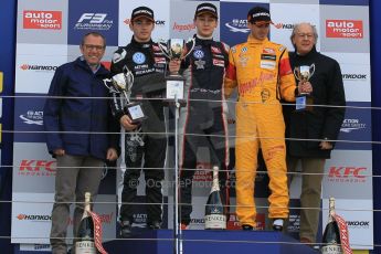 World © Octane Photographic Ltd. FIA European F3 Championship, Silverstone Race 2 overall podium, UK, Saturday 11th April 2015. Carlin – George Russell, Dallara F312 – Volkswagen, Van Amersfoort Racing – Charles Leclerc, Dallara F312 – Volkswagen and Jagonya Ayam with Carlin – Antonia Giovinazzi, Dallara F312 – Volkswagen. Digital Ref : 1223LW1L0678