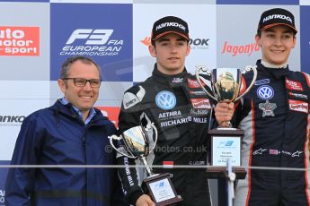 World © Octane Photographic Ltd. FIA European F3 Championship, Silverstone Race 2 overall podium, UK, Saturday 11th April 2015. Carlin – George Russell, Dallara F312 – Volkswagen, Van Amersfoort Racing – Charles Leclerc, Dallara F312 – Volkswagen and Stefano Deomencali - President of FIA Single Seater Commission. Digital Ref : 1223LW1L0681