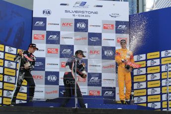 World © Octane Photographic Ltd. FIA European F3 Championship, Silverstone Race 2 overall podium, UK, Saturday 11th April 2015. Carlin – George Russell, Dallara F312 – Volkswagen, Van Amersfoort Racing – Charles Leclerc, Dallara F312 – Volkswagen and Jagonya Ayam with Carlin – Antonia Giovinazzi, Dallara F312 – Volkswagen. Digital Ref : 1223LW1L0689
