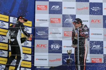 World © Octane Photographic Ltd. FIA European F3 Championship, Silverstone Race 2 overall podium, UK, Saturday 11th April 2015. Carlin – George Russell, Dallara F312 – Volkswagen and Van Amersfoort Racing – Charles Leclerc, Dallara F312 – Volkswagen. Digital Ref : 1223LW1L0699