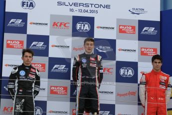 World © Octane Photographic Ltd. FIA European F3 Championship, Silverstone Race 2 rookie podium, UK, Saturday 11th April 2015. Carlin – George Russell, Dallara F312 – Volkswagen, Van Amersfoort Racing – Charles Leclerc, Dallara F312 – Volkswagen and Prema Powerteam – Lance Stroll, Dallara F312 – Mercedes-Benz. Digital Ref : 1223LW1L0730