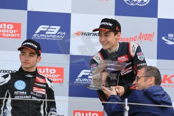 World © Octane Photographic Ltd. FIA European F3 Championship, Silverstone Race 2 rookie podium, UK, Saturday 11th April 2015. Carlin – George Russell, Dallara F312 – Volkswagen, Van Amersfoort Racing – Charles Leclerc, Dallara F312 – Volkswagen and Stefano Domenicali - President of FIA Single Seater Commision. Digital Ref : 1223LW1L0749