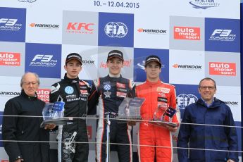 World © Octane Photographic Ltd. FIA European F3 Championship, Silverstone Race 2 rookie podium, UK, Saturday 11th April 2015. Carlin – George Russell, Dallara F312 – Volkswagen, Van Amersfoort Racing – Charles Leclerc, Dallara F312 – Volkswagen, Prema Powerteam – Lance Stroll, Dallara F312 – Mercedes-Benz and Stefano Domenicali - President of FIA Single Seater Commision. Digital Ref : 1223LW1L0770