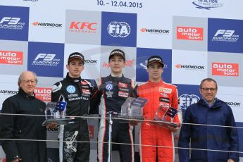 World © Octane Photographic Ltd. FIA European F3 Championship, Silverstone Race 2 rookie podium, UK, Saturday 11th April 2015. Carlin – George Russell, Dallara F312 – Volkswagen, Van Amersfoort Racing – Charles Leclerc, Dallara F312 – Volkswagen, Prema Powerteam – Lance Stroll, Dallara F312 – Mercedes-Benz and Stefano Domenicali - President of FIA Single Seater Commision. Digital Ref : 1223LW1L0774