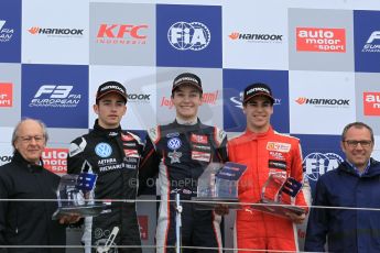 World © Octane Photographic Ltd. FIA European F3 Championship, Silverstone Race 2 rookie podium, UK, Saturday 11th April 2015. Carlin – George Russell, Dallara F312 – Volkswagen, Van Amersfoort Racing – Charles Leclerc, Dallara F312 – Volkswagen, Prema Powerteam – Lance Stroll, Dallara F312 – Mercedes-Benz and Stefano Domenicali - President of FIA Single Seater Commision. Digital Ref : 1223LW1L0786