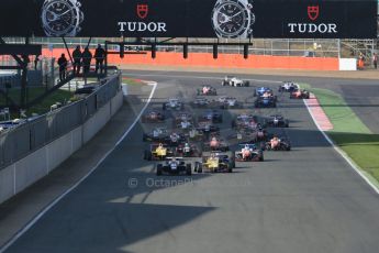 World © Octane Photographic Ltd. FIA European F3 Championship, Silverstone Race 3, UK, Sunday 12th April 2015. Van Amersfoort Racing – Charles Leclerc, Dallara F312 – Volkswagen leads the pack away from the start. Digital Ref : 1224LB1D8287