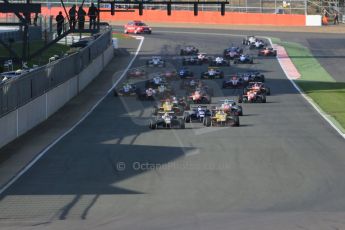 World © Octane Photographic Ltd. FIA European F3 Championship, Silverstone Race 3, UK, Sunday 12th April 2015. Van Amersfoort Racing – Charles Leclerc, Dallara F312 – Volkswagen leads the pack away from the start. Digital Ref : 1224LB1D8292