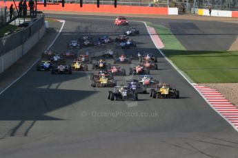 World © Octane Photographic Ltd. FIA European F3 Championship, Silverstone Race 3, UK, Sunday 12th April 2015. Van Amersfoort Racing – Charles Leclerc, Dallara F312 – Volkswagen leads the pack away from the start. Digital Ref : 1224LB1D8298