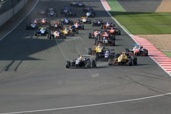 World © Octane Photographic Ltd. FIA European F3 Championship, Silverstone Race 3, UK, Sunday 12th April 2015. Van Amersfoort Racing – Charles Leclerc, Dallara F312 – Volkswagen leads the pack away from the start. Digital Ref : 1224LB1D8305