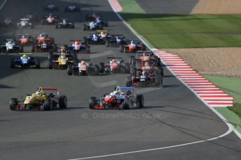 World © Octane Photographic Ltd. FIA European F3 Championship, Silverstone Race 3, UK, Sunday 12th April 2015. Jagonya Ayam with Carlin – Gustavo Menezes, Dallara F312 – Volkswagen and Prema Powerteam – Jake Dennis, Dallara F312 – Mercedes-Benz and Prema Powerteam – Lance Stroll, Dallara F312 – Mercedes-Benz. Digital Ref : 1224LB1D8306