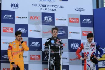 World © Octane Photographic Ltd. FIA European F3 Championship, Silverstone Race 3 overall podium, UK, Sunday 12th April 2015. Van Amersfoort Racing – Charles Leclerc, Dallara F312 – Volkswagen, Jagonya Ayam with Carlin – Antonia Giovinazzi, Dallara F312 – Volkswagen and Prema Powerteam – Jake Dennis, Dallara F312 – Mercedes-Benz. Digital Ref : 1224LW1L0909