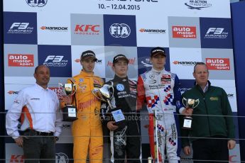 World © Octane Photographic Ltd. FIA European F3 Championship, Silverstone Race 3 overall podium, UK, Sunday 12th April 2015. Van Amersfoort Racing – Charles Leclerc, Dallara F312 – Volkswagen, Jagonya Ayam with Carlin – Antonia Giovinazzi, Dallara F312 – Volkswagen and Prema Powerteam – Jake Dennis, Dallara F312 – Mercedes-Benz. Digital Ref : 1224LW1L0950