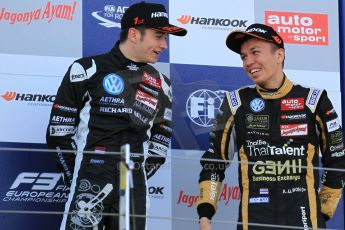 World © Octane Photographic Ltd. FIA European F3 Championship, Silverstone Race 3 rookie podium, UK, Sunday 12th April 2015. Van Amersfoort Racing – Charles Leclerc and Signature – Alexander Albon, Dallara F312 – Volkswagen. Digital Ref : 1224LW1L1007