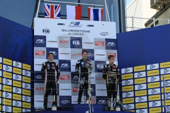 World © Octane Photographic Ltd. FIA European F3 Championship, Silverstone Race 3 rookie podium, UK, Sunday 12th April 2015. Van Amersfoort Racing – Charles Leclerc, Dallara F312 – Volkswagen, Carlin – George Russell, Dallara F312 – Volkswagen and Signature – Alexander Albon, Dallara F312 – Volkswagen. Digital Ref : 1224LW1L1013