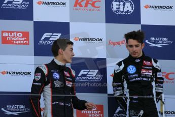 World © Octane Photographic Ltd. FIA European F3 Championship, Silverstone Race 3 rookie podium, UK, Sunday 12th April 2015. Van Amersfoort Racing – Charles Leclerc, Dallara F312 – Volkswagen and Carlin – George Russell, Dallara F312 – Volkswagen. Digital Ref : 1224LW1L1021