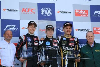 World © Octane Photographic Ltd. FIA European F3 Championship, Silverstone Race 3 rookie podium, UK, Sunday 12th April 2015. Van Amersfoort Racing – Charles Leclerc, Dallara F312 – Volkswagen, Carlin – George Russell, Dallara F312 – Volkswagen and Signature – Alexander Albon, Dallara F312 – Volkswagen. Digital Ref : 1224LW1L1059