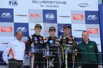 World © Octane Photographic Ltd. FIA European F3 Championship, Silverstone Race 3 rookie podium, UK, Sunday 12th April 2015. Van Amersfoort Racing – Charles Leclerc, Dallara F312 – Volkswagen, Carlin – George Russell, Dallara F312 – Volkswagen and Signature – Alexander Albon, Dallara F312 – Volkswagen. Digital Ref : 1224LW1L1066