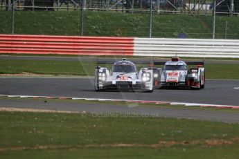 World © Octane Photographic Ltd. FIA World Endurance Championship (WEC), 6 Hours of Silverstone Race, UK, Sunday 12th April 2015. Porsche Team – Porsche 919 Hybrid - LM LMP1 – Romain Dumas, Neel Jani and Marc Lieb and Audi Sport Team Joest- Audi R18 e-tron Quatrro - LMP1 - Andre Lotterer, Benoit Treluyer and Marcel Fassler. Digital Ref : 1225LB1D8954